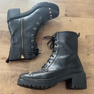 Michael Kors Cody Lace Up Boots Metallic Stars Stud Side Zip Leather combat